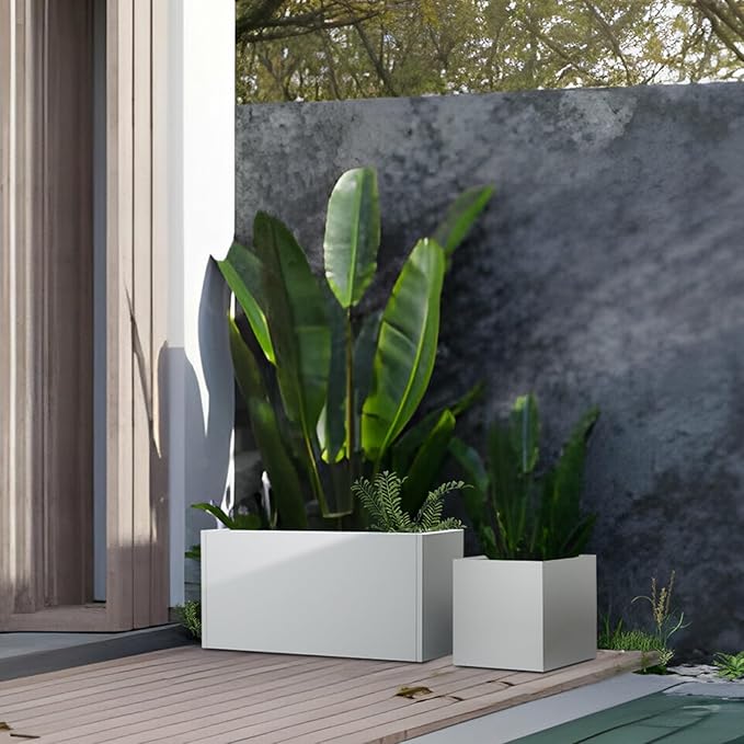 White Steel Planter Outdoor Indoor Planter Box Galvanized Steel Metal Large Planters Rectangular Flower Pot 31.5 In L x 16 In W x 16 In H Modern Commercial Residential for Trees Patio Deck Yard Garden