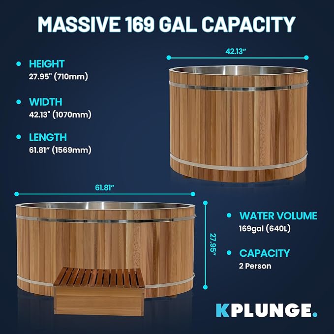 Premium 62-in. Cedar Wood Cold Plunge and Hot Tub with 3/4HP Chiller and Heater | Stainless Steel Tub with Wooden Step, Foldable Cover, Headrest, and WiFi App Control Chiller for Indoor/Outdoor Use
