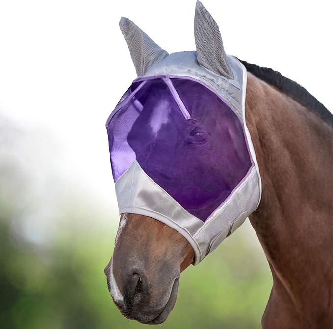 Harrison Howard CareMaster Horse Fly Mask Half Face with Ears Silver/Purple Retro Large Full Size