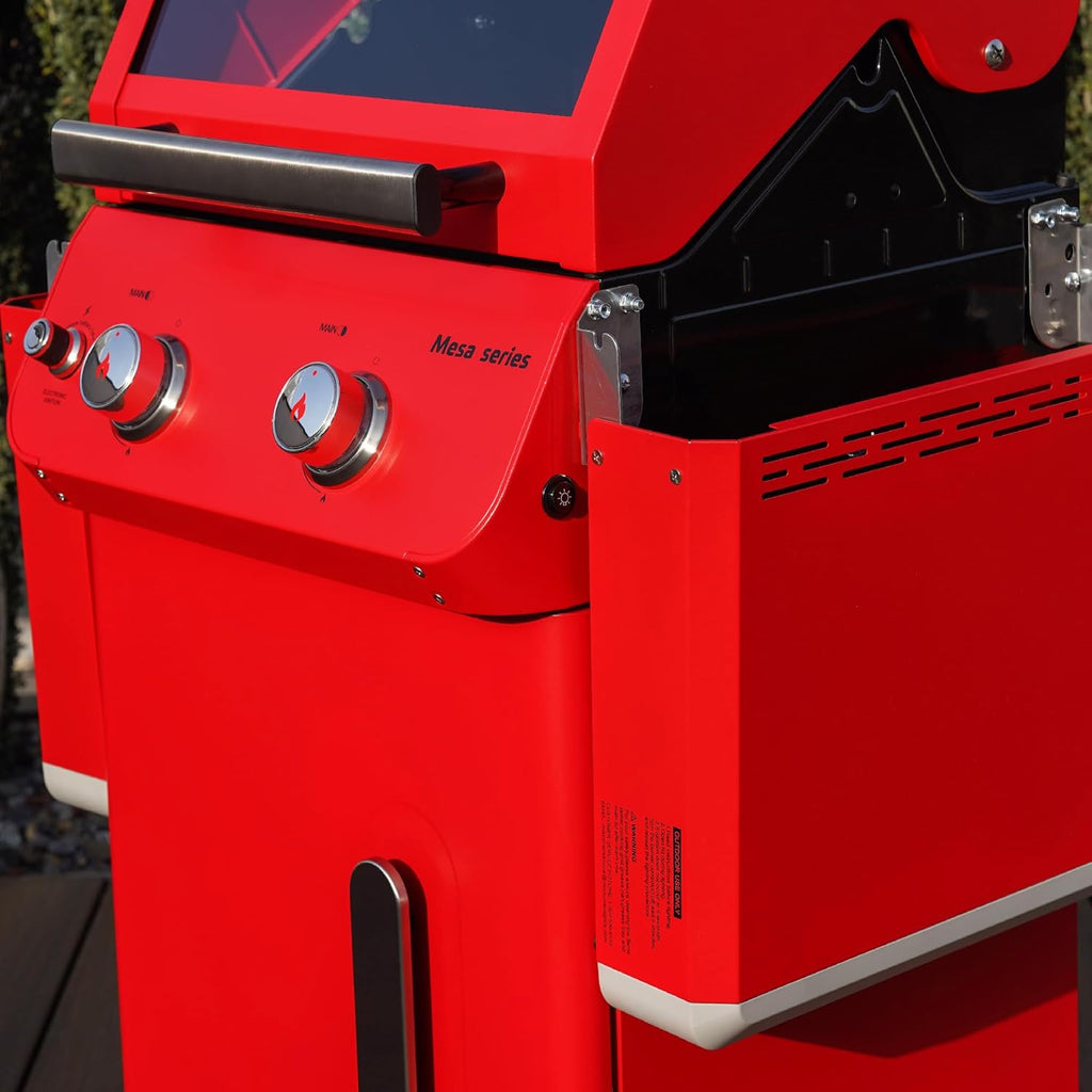 Monument Grills 2-Burner Stainless Steel Liquid Propane Gas Patio Garden Barbecue Grill with Clearview® Lid, Knob Control and Two Foldable Shelves Mesa200R with BBQ Cover, Red