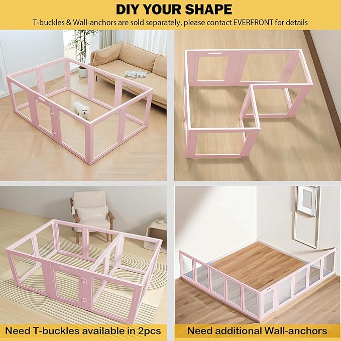 30.3“H 2PCS Extension Kit - Door+Panel, T-Buckles for Compartment, Expandable Clear Dog Play Pen Acrylic Dog Playpen Indoor,for Puppy Cat Bunny Small & Medium Dogs (Pink-30.3" H, 2PCS)