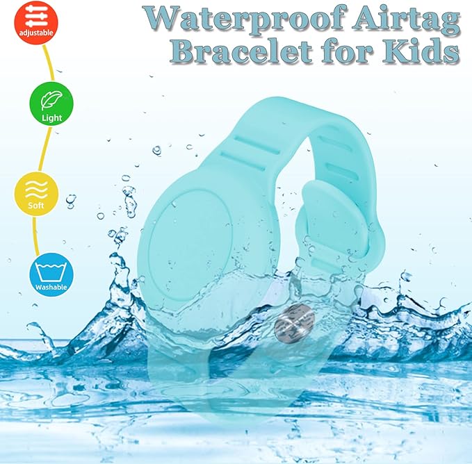 Kids Waterproof Airtag Bracelet Compatible with Apple AirTag, Hidden Silicon Protective Case for Air Tag GPS Tracker Holder, Adjustable Anti-Lost Watch Band for Toddler Child (Cyan & Purple)