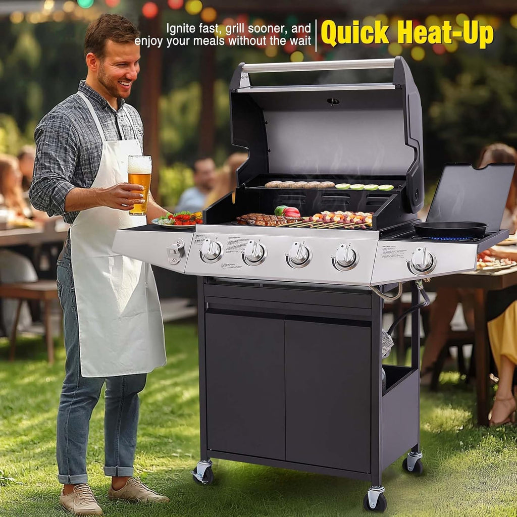 Unovivy 4-Burner Propane Gas Grill with Side Burner, Portable BBQ Grills with Oil Tray and Built-in Thermometer for Outdoor Barbecue, Camping, Patio, Backyard, 49,000 BTU