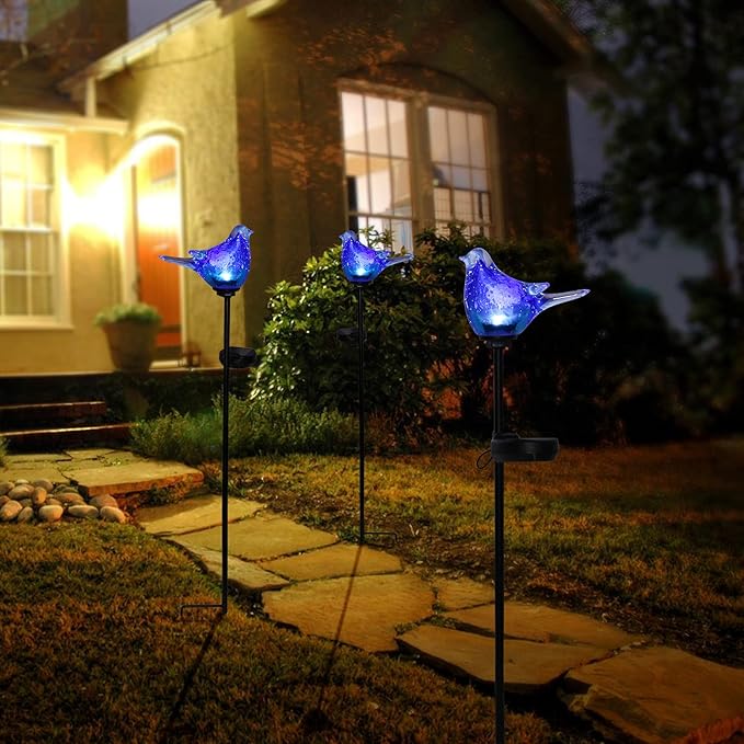 Afirst Solar Bluebird Garden Stake Lights - Hand Blown Glass Decorative Garden Pathway Lights Outdoor Waterproof Bird Glass Stakes