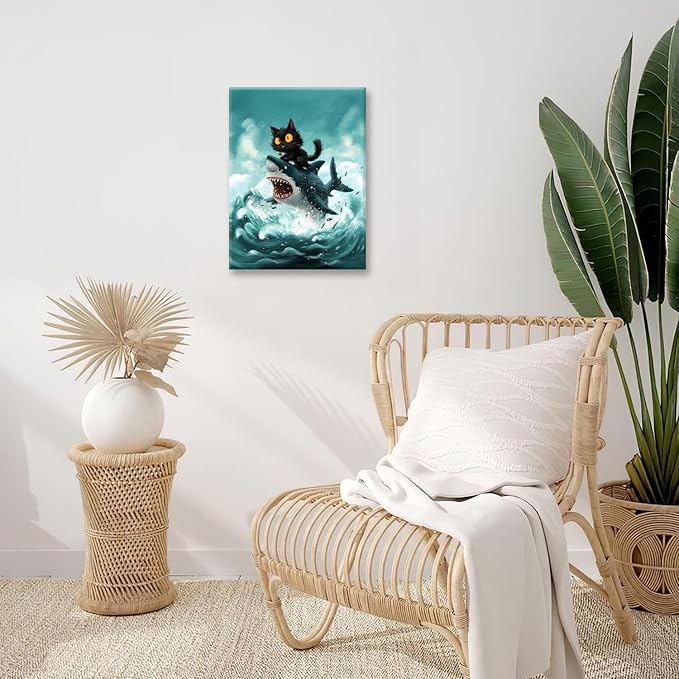 Funny Black Cat Bathroom Wall Art Cute Cat Riding Shark Canvas Wall Decor Animal Kitten Pictures Painting Print Artwork Framed Decorations Gifts for Cat Lover Kids Room Bedroom 24"x20"