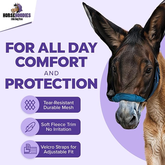 Donkey Fly Mask with Long Ears (Aqua) Half Hoodie for Standard Donkey, Made in USA - Mule Fly Mask with Ears Protection from Insects and Bugs, Face Cover Soft Mesh Fabric with Adjustable Fastener