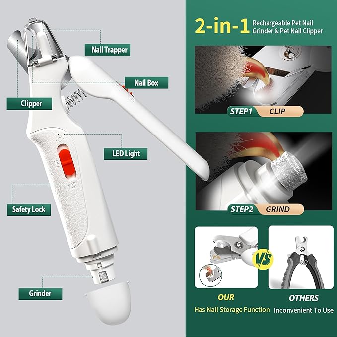 2 in 1 Dog Nail Clippers & Cat Nail Clippers Trimmers for Large Medium Small Dogs Cats Claw Trimmer Quick Sensor and Safety Guard USB Rechargeable Dogs Nail Trimmer with Catcher & 2 LED Lights