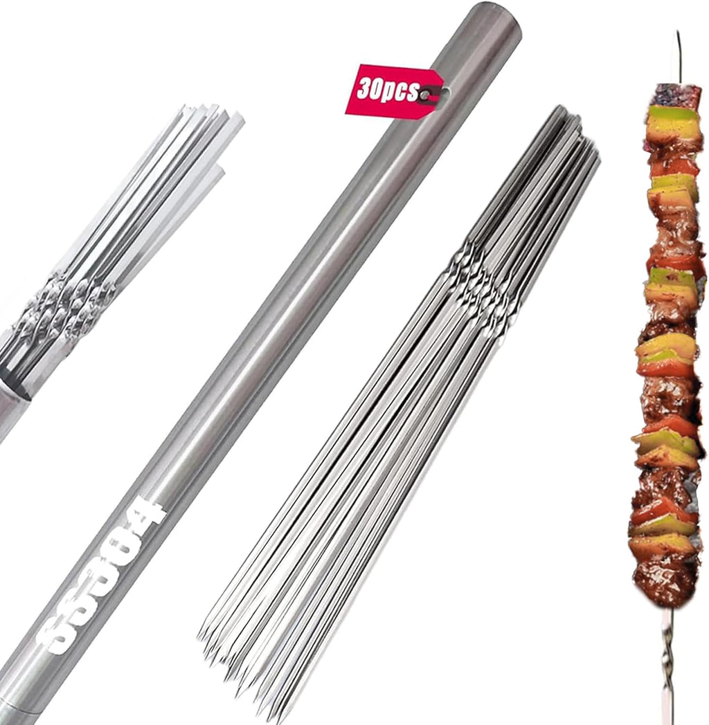 Titan 304 Stainless Steel Skewers for Grilling – 30PCS Heavy-Duty Flat BBQ Skewers with Storage Tube | Food-Grade, Rust-Proof & Dishwasher Safe | 13.2" Kebab Sticks for Meat, Veggies & Shrimp