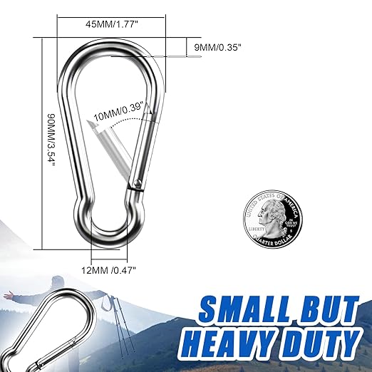 Carabiner Clip Hooks, 10pcs 3.54 inch Carabiners Heavy Duty, 304 Stainless Steel Spring Snap Hook Fits Camping Hiking, Metal Clips for Rope Chain Keys Rings