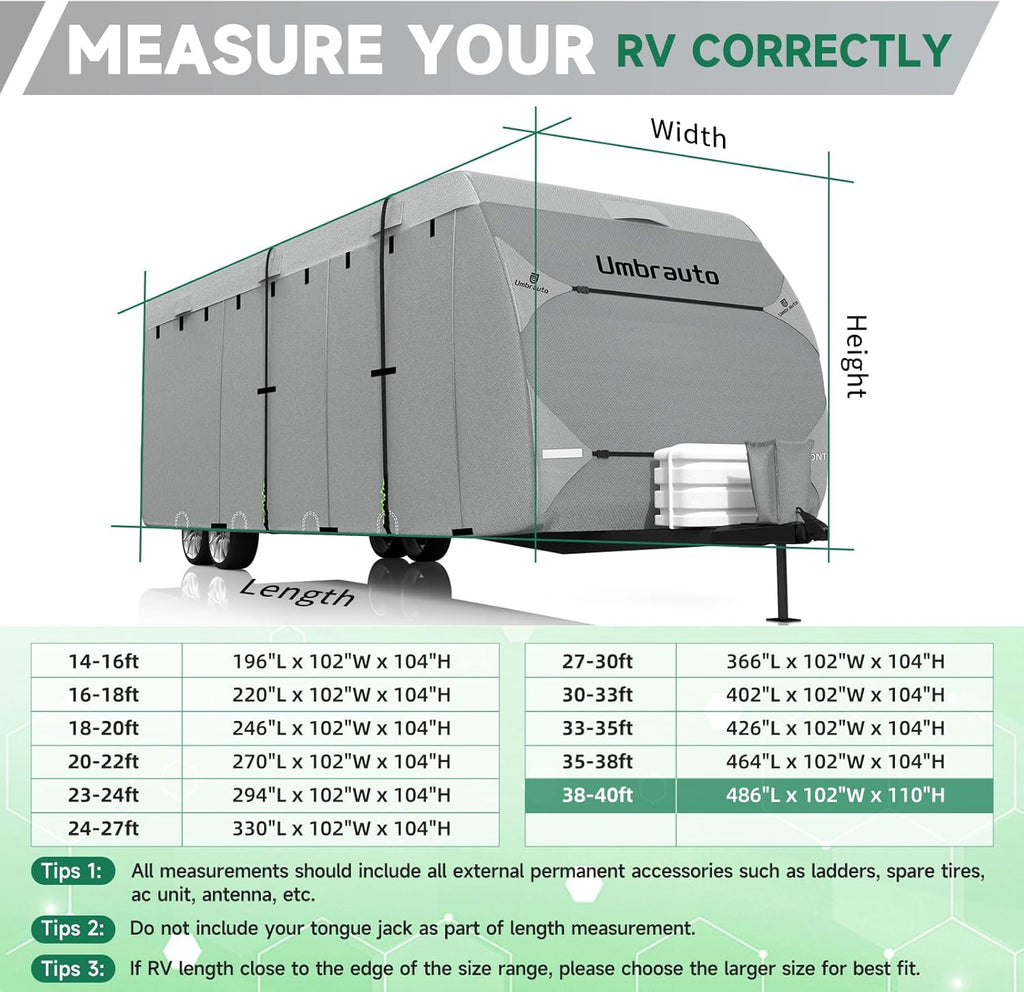 Umbrauto Bi-component Hi-tech Fabric RV Cover,Travel Trailer Cover, Waterproof Camper Cover, Toy Hauler Cover with Tongue Jack Cover, Extra Windproof Ropes, Gutter Covers