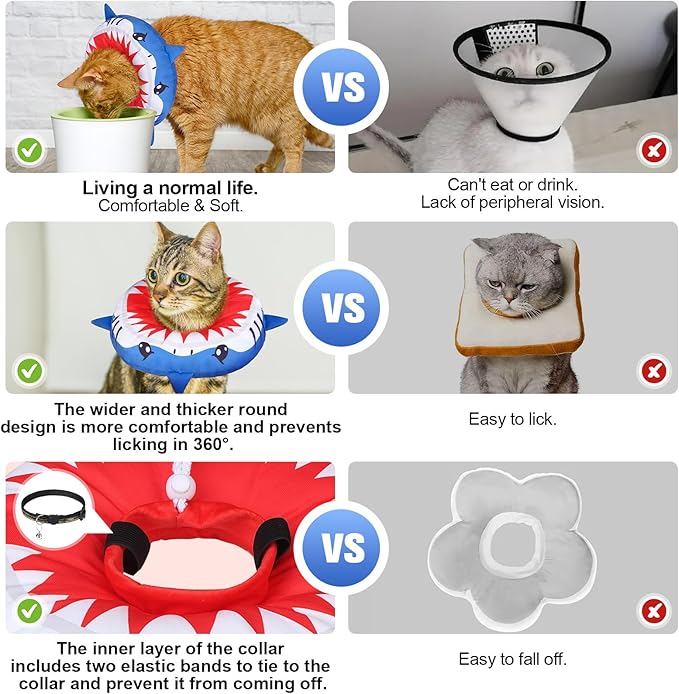 BEAUTYZOO Cat Cone Collars Soft, Cat Recovery E Collars After Surgery to Stop Licking, Adjustable Elizabeth Circle Collar Cute Pet Donut Pillow for Cats Kitten Small Dogs, Cute Shark S