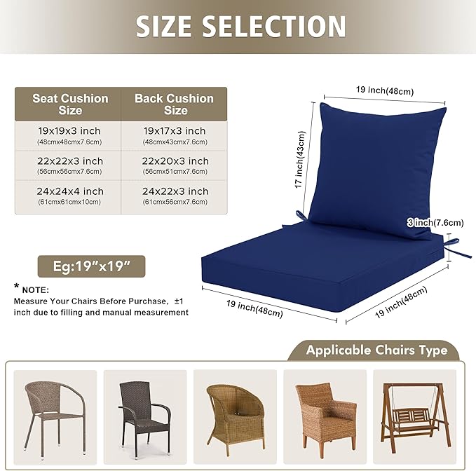 Outdoor Chair Cushions, Waterproof Outdoor Cushions for Patio Furniture w/Fade-Resistant, Removable & Machine-Washable Covers, 19x19 Inch, Ideal for Seat in Gardens/Porch – Set of 2, Navy Blue