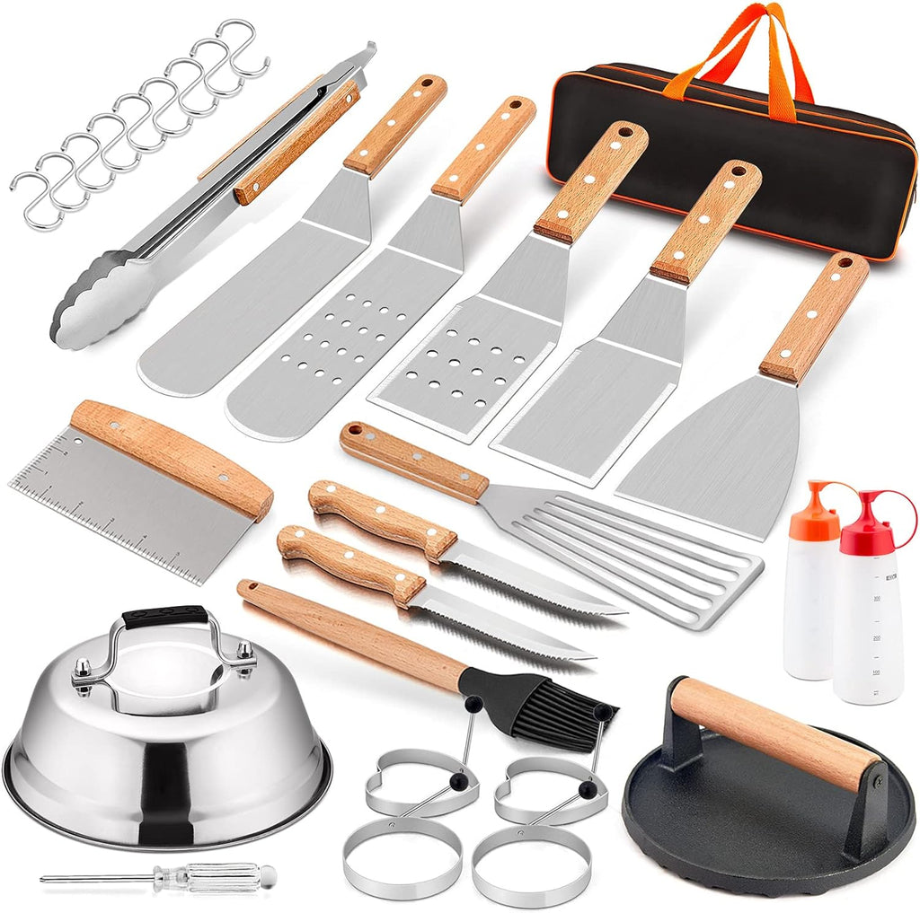 HaSteeL Griddle Accessories Set of 20, Complete Stainless Steel Griddle Spatula Tools with 9” Melting Dome, Heavy Duty Metal Spatulas Choppers Cast Iron Grill Press for Flat Top Teppanyaki BBQ Outdoor
