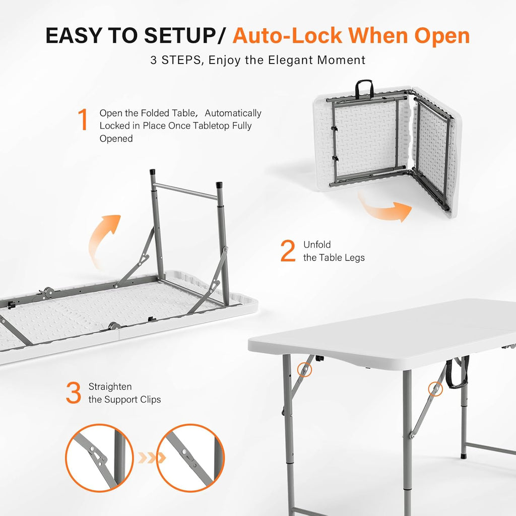 VINGLI 4 FT Plastic Folding Camping Table,3-Level Adjustable Height, Portable in/Outdoor Party Picnic Dining Desk, Garden Soccer Multipurpose Entertaining Activities，White
