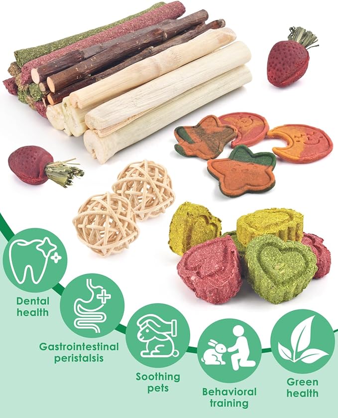 ERKOON 33PCS Bunny Chew Toys for Rabbits Teeth, Natural Rabbit Toys Apple Wood Sticks, Carrot, Timothy Grass Toys for Small Pets, Hamster, Chinchilla, Guinea Pig Dental Care and Treat Teething Toys