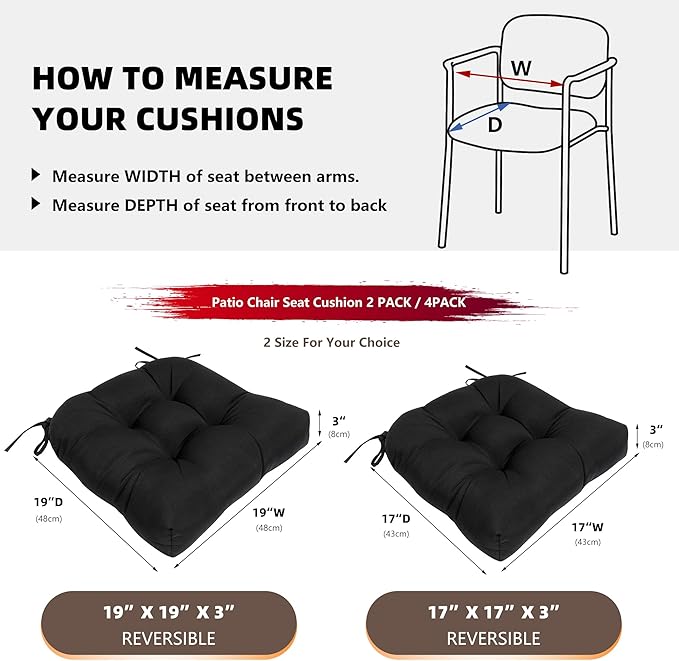 RACE LEAF Outdoor Cushions 17" x 17" Patio Chair Seat Pads, Set of 2 Thick Fill Tufted Square Patio Cushions, Water-Resistant Olefin Chair Seat Cushion with Ties for Non-Slip Support, Black