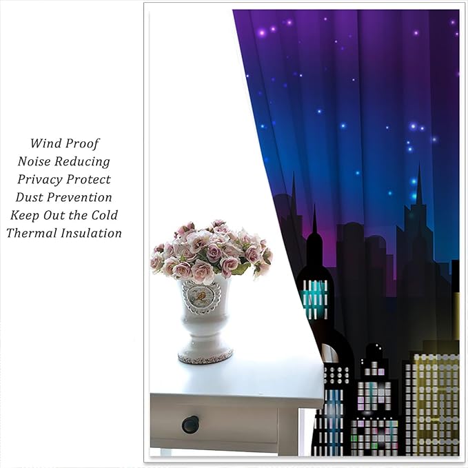 Superhero Rod Pocket Blackout Curtains for Boy Girl Bedroom, Super City Skyline Buildings Night Panorama Thermal Insulated Home Window Drapes for Living Room Darkening, 55x63 inch