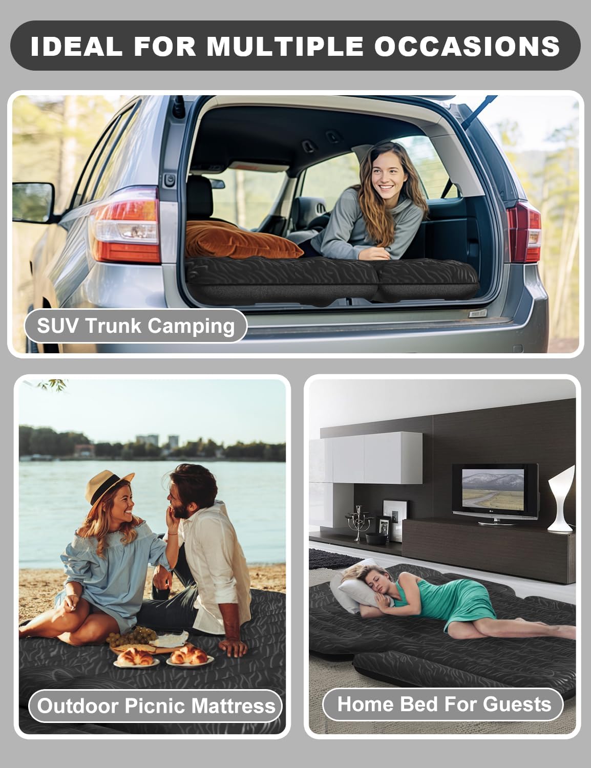 Umbrauto 63in Extended SUV Mattress Quick Inflate, Includes Pump & 2 Pillows,Grey