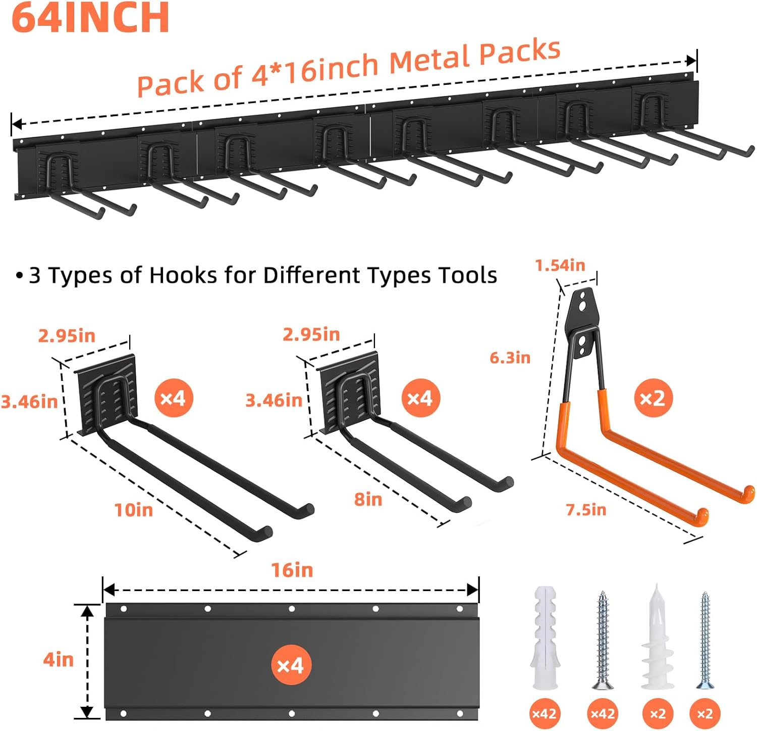Garage Storage, Ultimate Wall-Mounted Garage Organizer for Men 64Inch, Heavy Duty 550lbs Tool Rack with Adjustable Metal Hooks Yard, Shed & Workshop Storage for Tools, Bikes, Snowboards Gift