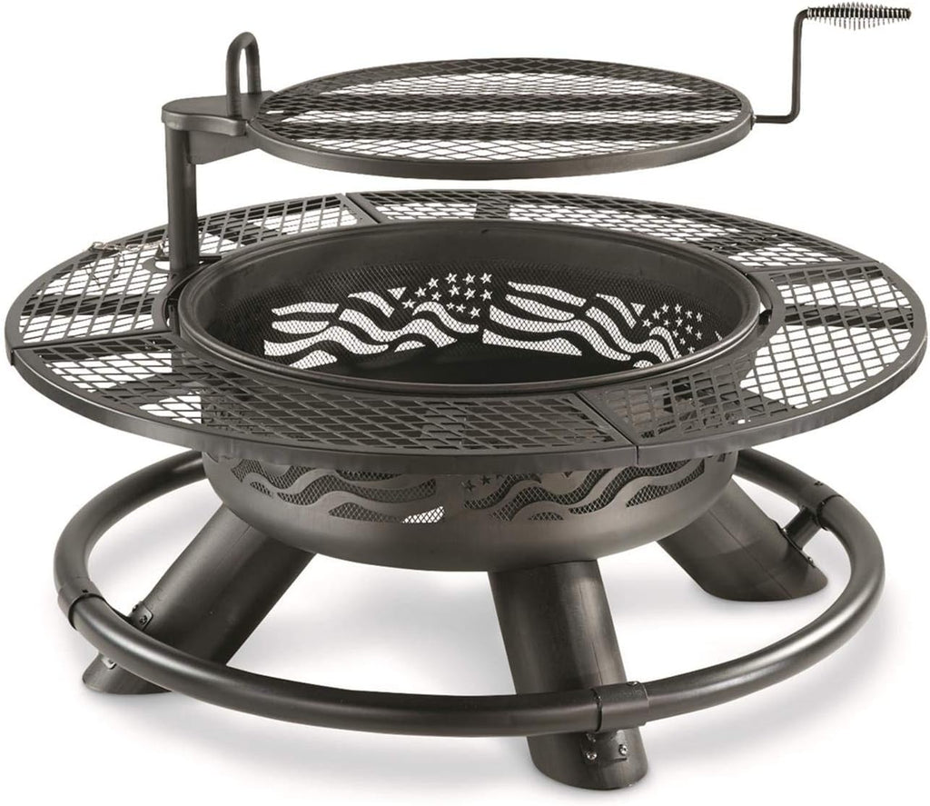 Castlecreek 47" Fire Pit BBQ Grill Outdoor Wood Burning Steel Log Firepit for Camping, Grilling, Smores, Yard, Cooking Outside, Barbecue, Bonfire Flag
