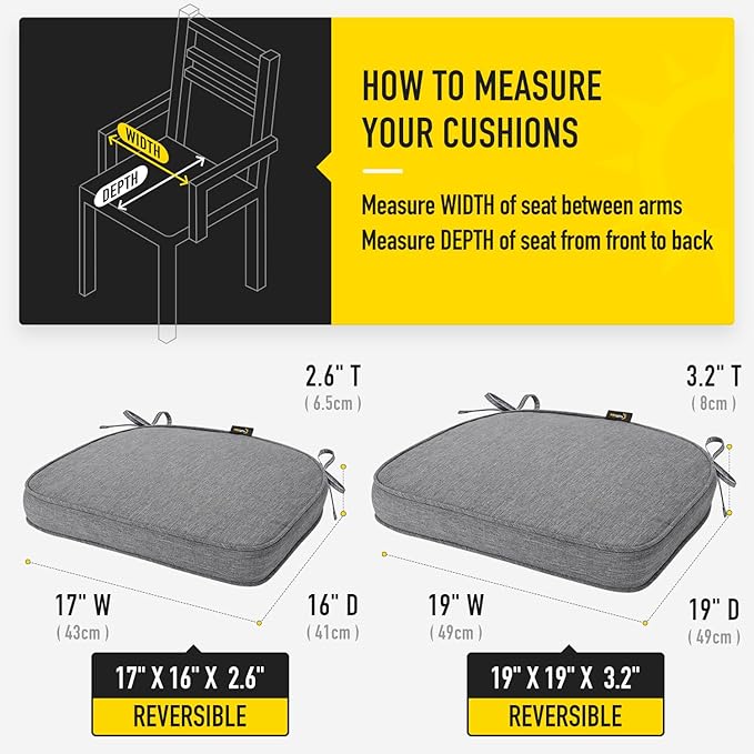 SUNROX Gel Memory Foam Chair Cushions, FadeShield Water-, Stain-Resistant Durable Reversible Seat Cushion Pads with Ties for Indoor/Outdoor Kitchen Dining Office 17"x16" Set of 2, Heather Charcoal