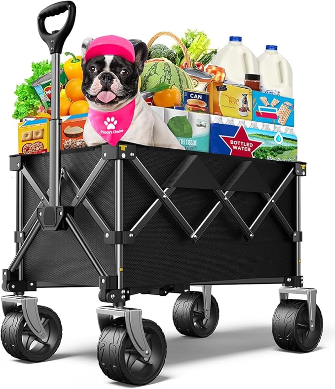 Beach Wagon,Collapsible Wagon 220lbs with Big Wheels FoldableWagon Carts,Portable Utility for Garden Grocery Sports Camping All Terrain-Black