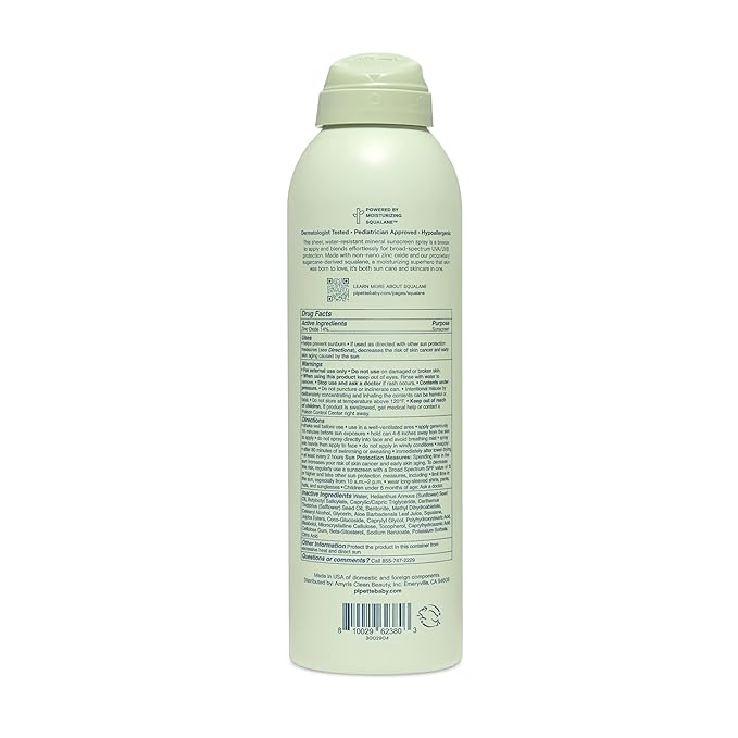 Pipette Baby Mineral Sunscreen Spray SPF 30, Broad Spectrum with Non-Nano Zinc Oxide, Water Resistant UVB/UVA Non-Toxic Sun Protection for Kids & Sensitive Skin, 6 oz