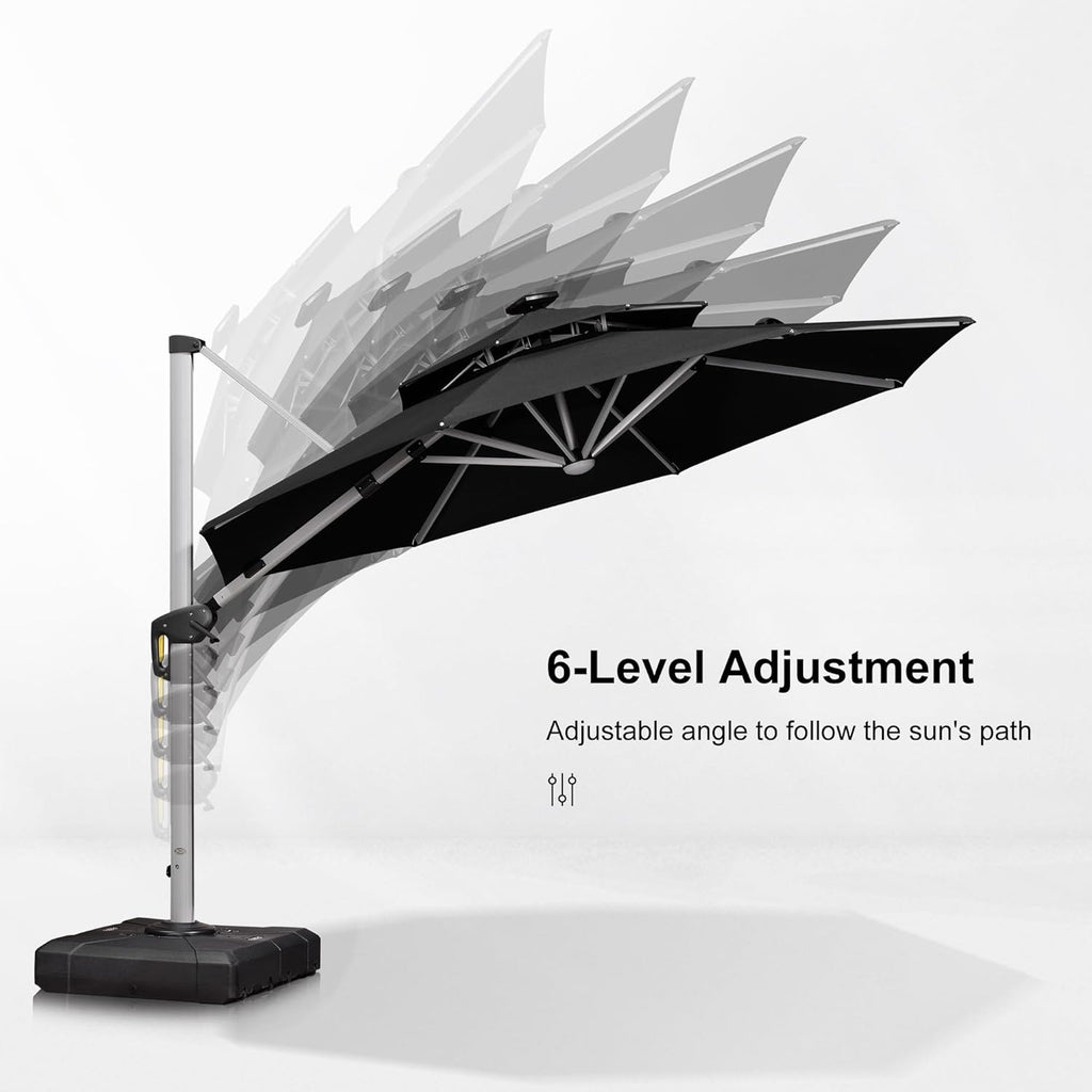 PURPLE LEAF 11ft Patio Umbrella With Base Solar powered LED Cantilever Umbrella with LED lights Windproof Outdoor Offset Umbrella for Garden Deck Pool Patio, Black