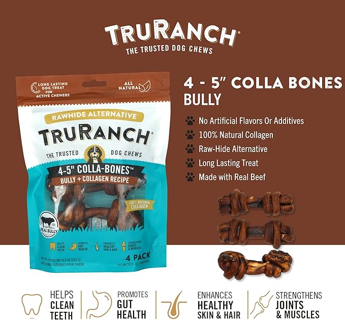 4-5" Collagen Bones, Bully - Collagen Dog Bones - Long Lasting Healthy Joint Support Dog Treat - Rawhide Alternative - Skin & Coat Health, 1 Bag, 4 Count