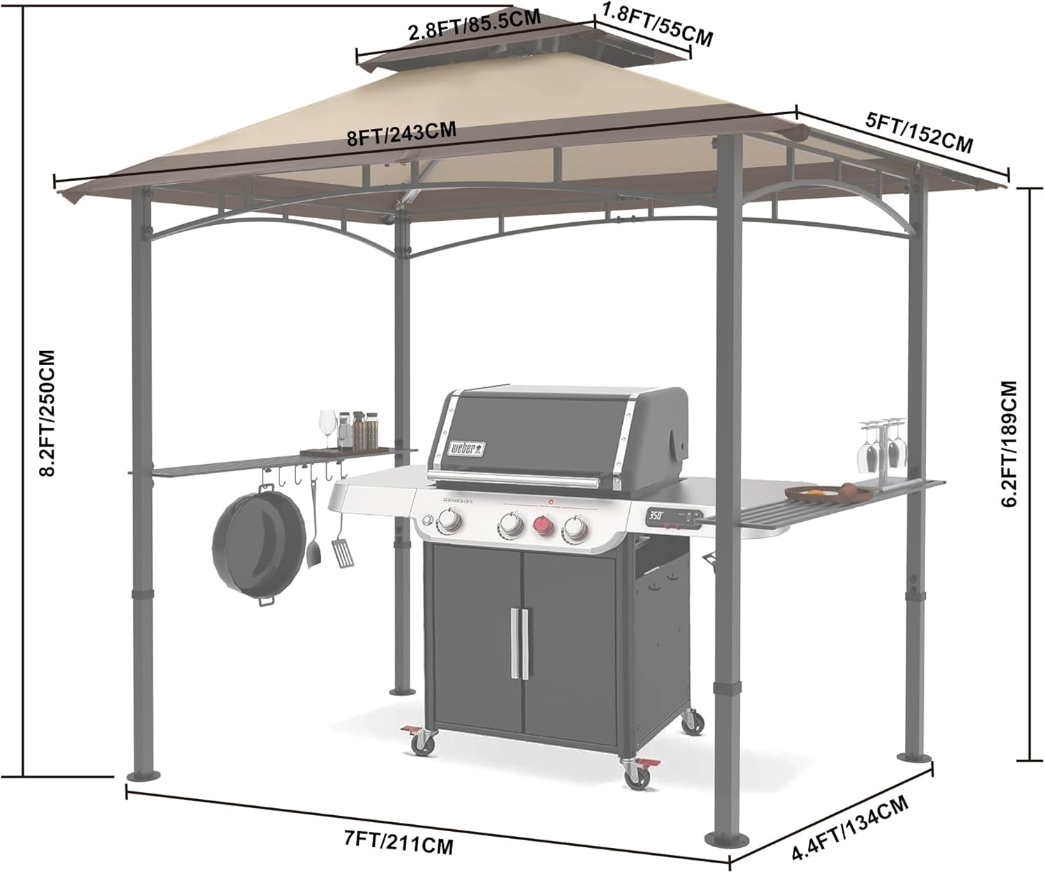 MASTERCANOPY 8 x 5 Grill Gazebo Outdoor BBQ Gazebo Canopy with 2 LED Lights (Brown Stitching Khaki)