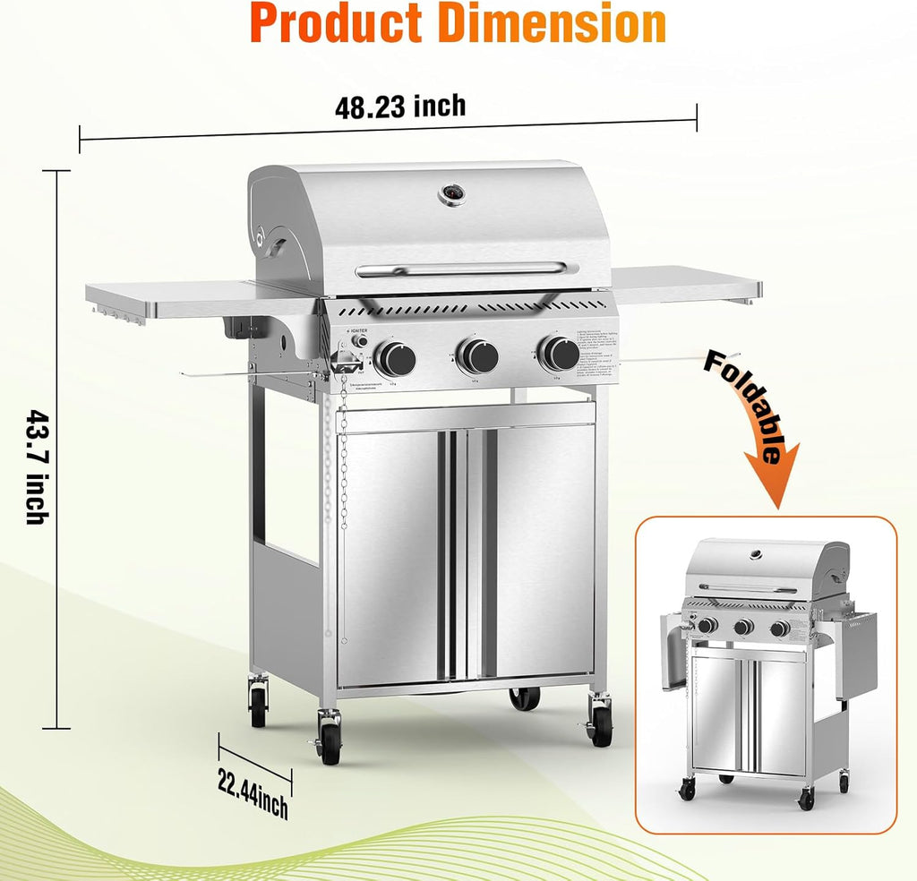 3-Burner Gas Grill with Folding Side Tables,Stainless Steel 24,000 BTU BBQ Grill,Outdoor Propane Grill for Barbecue,Patio,Camping