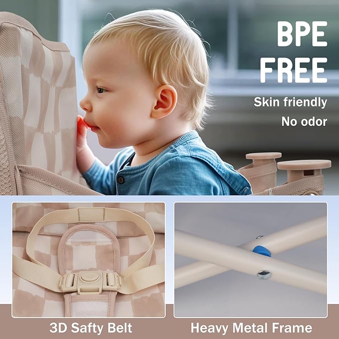 Tiny Marvels Portable 3-in-1 Baby Booster Seat, Cozy Floor Seat, Feeding Seat with Tray, Compact Foldable Toddler Booster with Child Safety Belt Carry Bag, Perfect for Travel (Sand Checker)