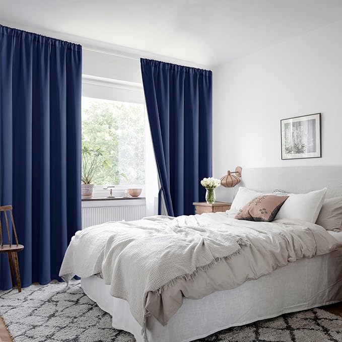 XWZO 100% Blackout Curtains - Extra Long Thermal Insulated Black Liner Rod Pocket Curtains, Noise Reducing and Heat Blocking Drapes for Bedroom with Tiebacks, Navy Blue, W52 x L108, Set of 2