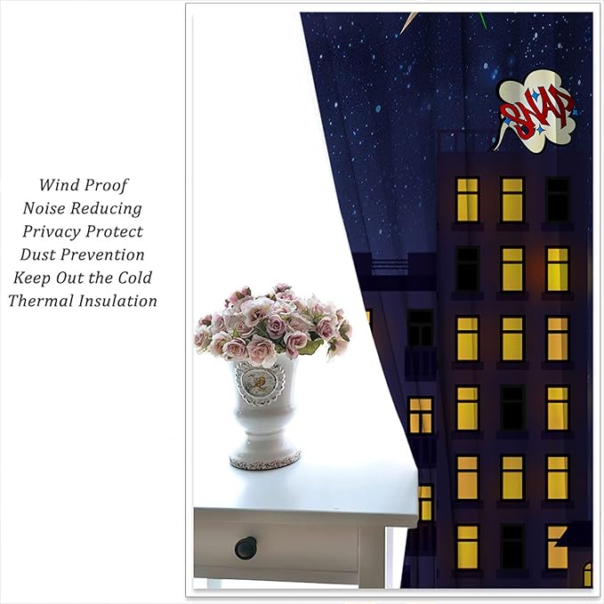 Super Hero Rod Pocket Blackout Curtains for Boy Girl Bedroom, Exploding City Starry Cartoon Skyline Home Energy Efficient Light Filtering Window Curtain for Living Room, 84x84 inch