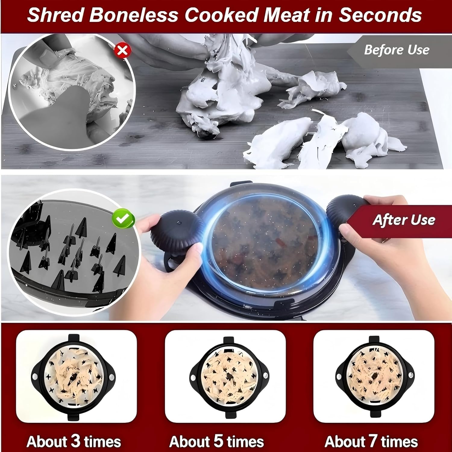 Chicken Shredder Meat Shredder Tool Twist Chicken Breast Shredder Large-Shredding Tools Chicken Breast, Pulled Pork, Beef with Stainless Steel Spikes (Black&Black)