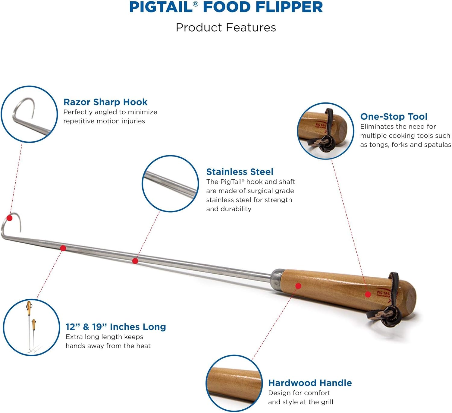 Jaccard Original Combo Pack with Wooden Gift Box, 12"/19", PigTail Food Flipper, Stainless Steel