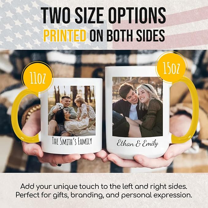 Ship Next Day Custom Mug Design Your Own Photo Text Personalized Picture Gifts for Women Men Customized Gifts Idea Personalized Coffee Mugs 11oz Yellow Handle