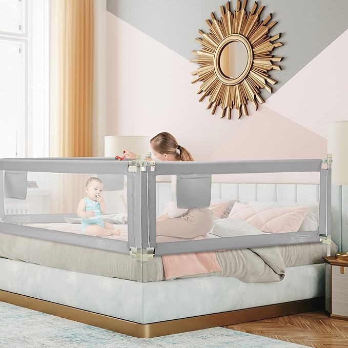 BABY JOY Bed Rail for Toddlers, 77'' Extra Long, Height Adjustable & Foldable Baby Bed Rail Guard w/Storage Pocket & Double Safety Child Lock for Kids Twin Double Full Size Queen King Mattress (Gray)