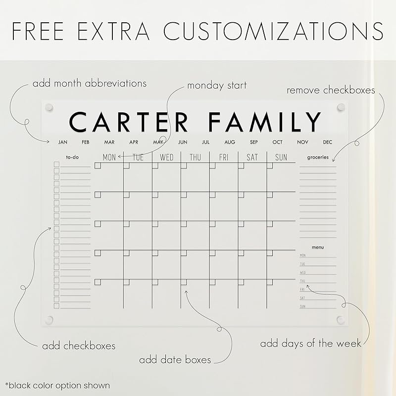 Personalized Clear Acrylic Calendar for Wall, Calendar Whiteboard for Wall, Dry Erase Wall Calendar, Wall Calendar Organizer System for Home (Block, Blush, 14"W x 11"H)