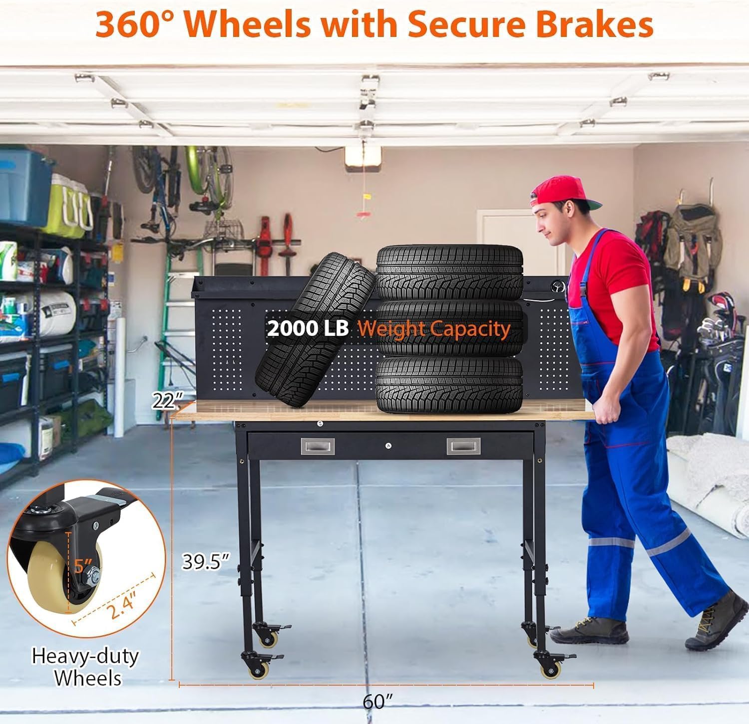 60-Inch Garage Workbench with Wheels, Adjustable Rubber Wood Top Garage Workbench with Pegboard & Drawer & Power Outlet, 2000 lbs Load Capacity, for Workshop, Woodworking, Office