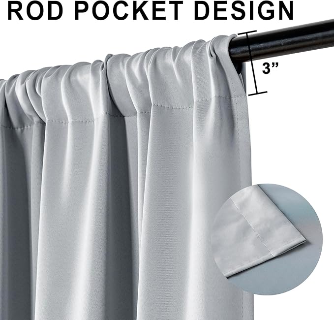 XWZO Full Shading Blackout Curtains 84 Inches Length with Tiebacks- Heat and Light Blocking Rod Pocket Window Drapes with Black Liner for Bedroom/Kid's Room, Light Grey, W70 x L84, Set of 2 Panels