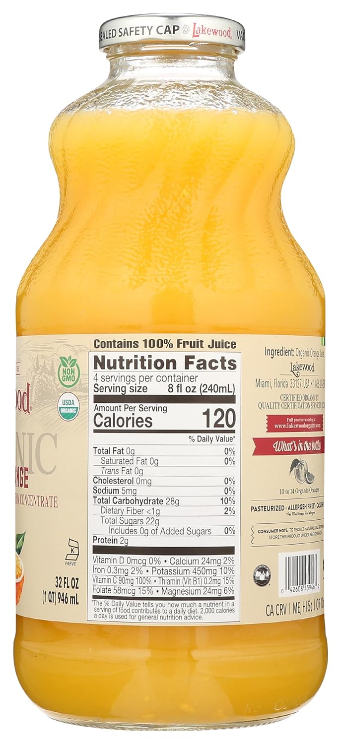 Lakewood Organic Pure Orange Juice (32 Fl Oz, Pack of 6) - Fresh Squeezed Taste