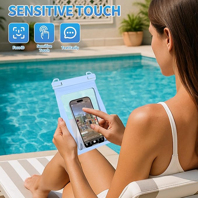 Large Waterproof Phone Pouch Floating, [Double Seals] IPX8 Waterproof Pouch for Beach Vacation, Cell Phone Dry Bag for iPhone Samsung Google All Phones Light Blue