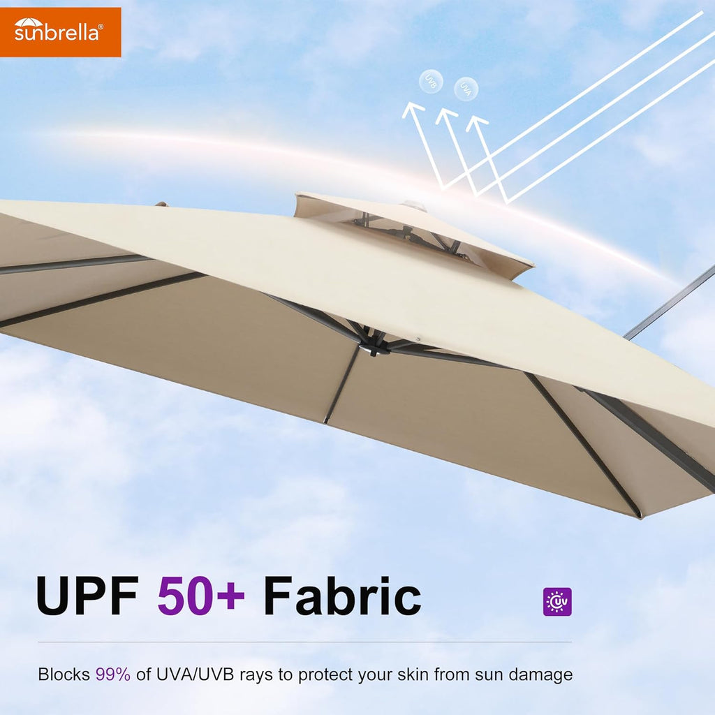 PURPLE LEAF Cantilever Umbrella 10 Feet Outdoor Double Top Large Offset Hanging 360° Rotation Square Umbrella for Garden Patio Deck Pool Backyard Spectrum Sand