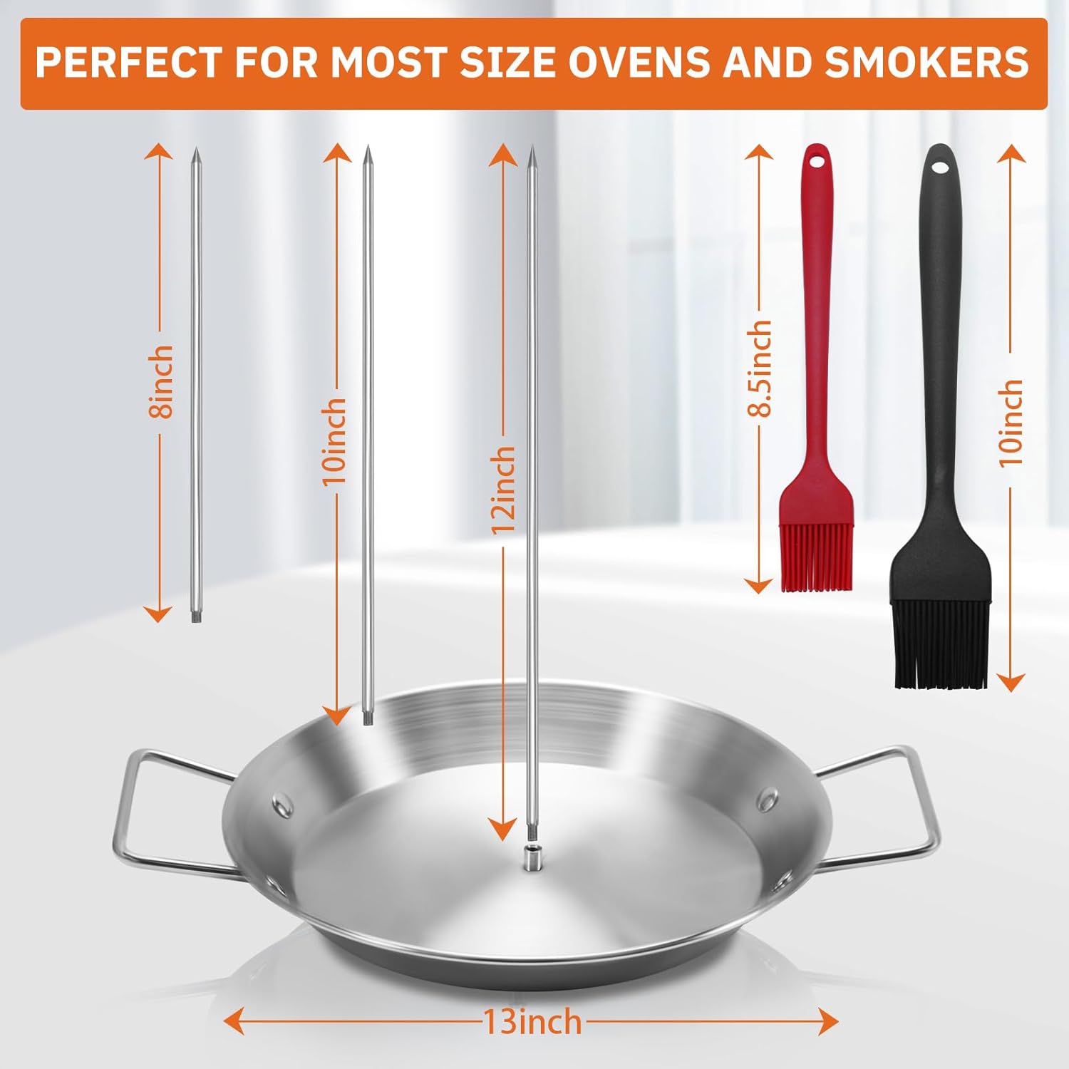 Al Pastor Skewer for Grill, Stainless Steel Vertical Skewer, Brazilian Vertical Spit with 3 Spikes(8”/10"/12”)& Brushes, for Tacos Al Pastor, Shawarma Kebabs Smoker Oven BBQ Dishes