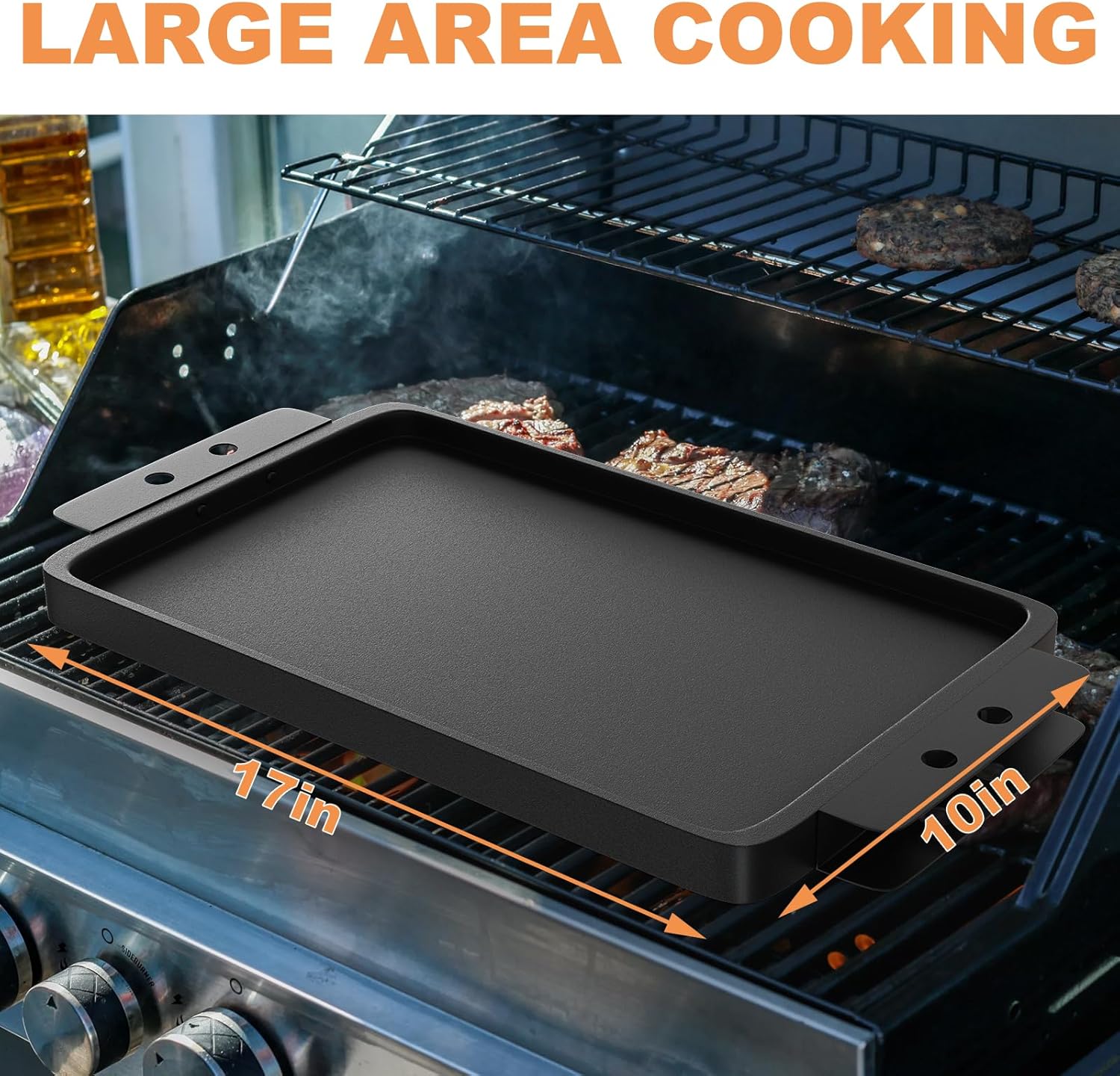Grill Flat TopGriddle Universal, Cast Iron Griddle for Gas Grill, 17" x 10" Stovetop Griddle, GriddlePan for Stove Top, GrillGriddle for Charcoal/Electric/Gas Grills, Stove, Tailgating, Camping