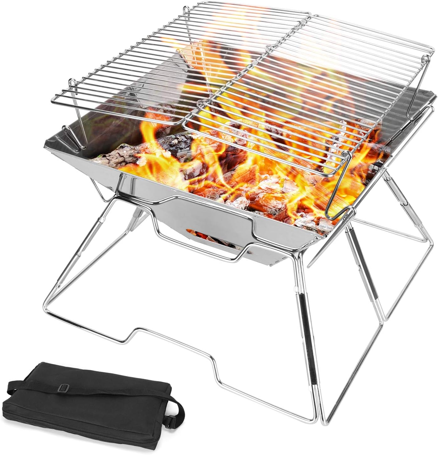 Odoland Folding Campfire Grill, 304 Stainless Steel Grate Barbeque Grill, Portable Camping Grill with Legs for Picnics, Backpacking, Outdoor with Carrying Bag and Kitchen Tongs