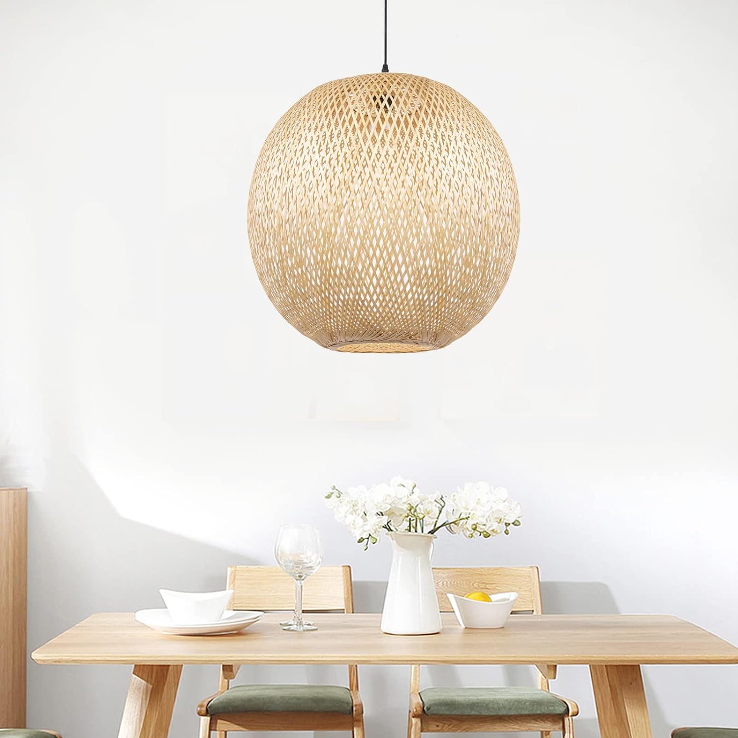 Arturesthome Round Bamboo Pendant Lights, Wicker Chandelier Hand-Woven Boho Basket Lampshade Hanging Ceiling Light for Kitchen Island Living Room