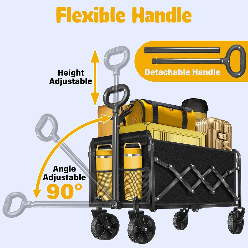 Wagon Cart Foldable, 360Lbs Collapsible Wagon Cart with Wheels Portable, Outdoor Utility Carts for Groceries, Camping, Sports, Garden, Shopping, Black