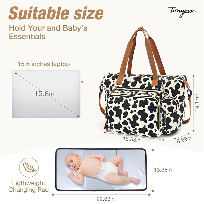 Diaper Bag Tote, Large Baby Diaper Bags for Travel, Hospital Bag for Labor Delivery with Pacifier Case, Changing Pad, Shoulder Strap, Cow Print